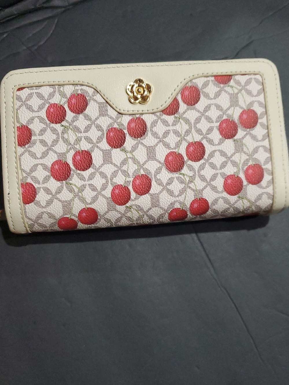 Cream cherry printed double zippered zip-around wallet brand new no tags